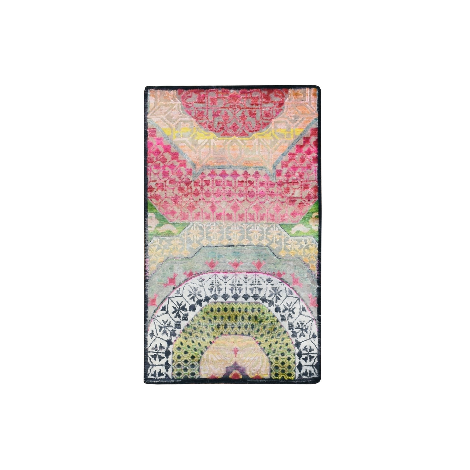 Pastel Yellow with Pink, Mamluk Design, Sari Silk with Textured Wool, Hand Knotted, Mat, Oriental Rug